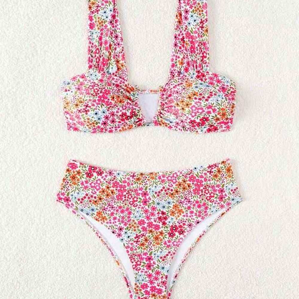 Shein Multi Colored Floral Print Two Piece Bikini Size Small